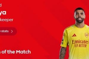 实至名归！拉亚被评为阿森纳1-0曼联全场最佳